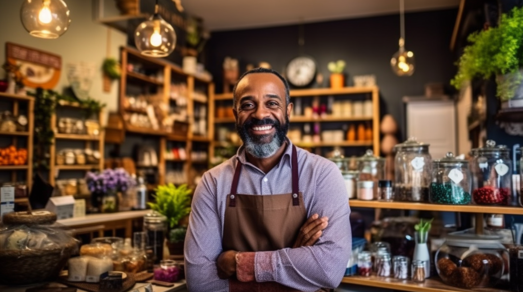 middle aged employee smiling in a tea shop